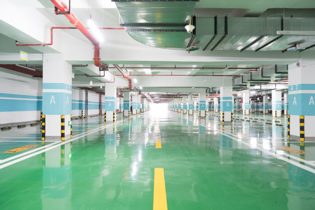 Car park flooring - green and yellow heavy duty epoxy flooring